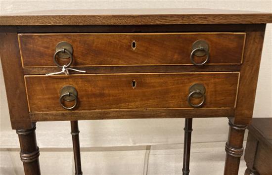 A Regency mahogany two drawer work table, fitted two small drawers, width 48cm, depth 40cm, height 73cm